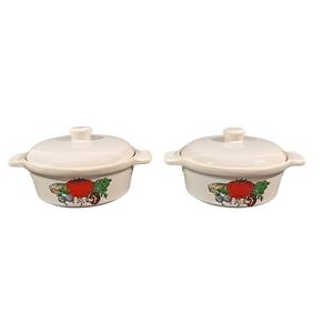 Vintage Tomato Ceramic Crock With Lid Set Of 2 Covered Soup Bowl Made in Japan